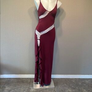 Elegant Asymmetrical Burgundy Dress with Chic Open Areas